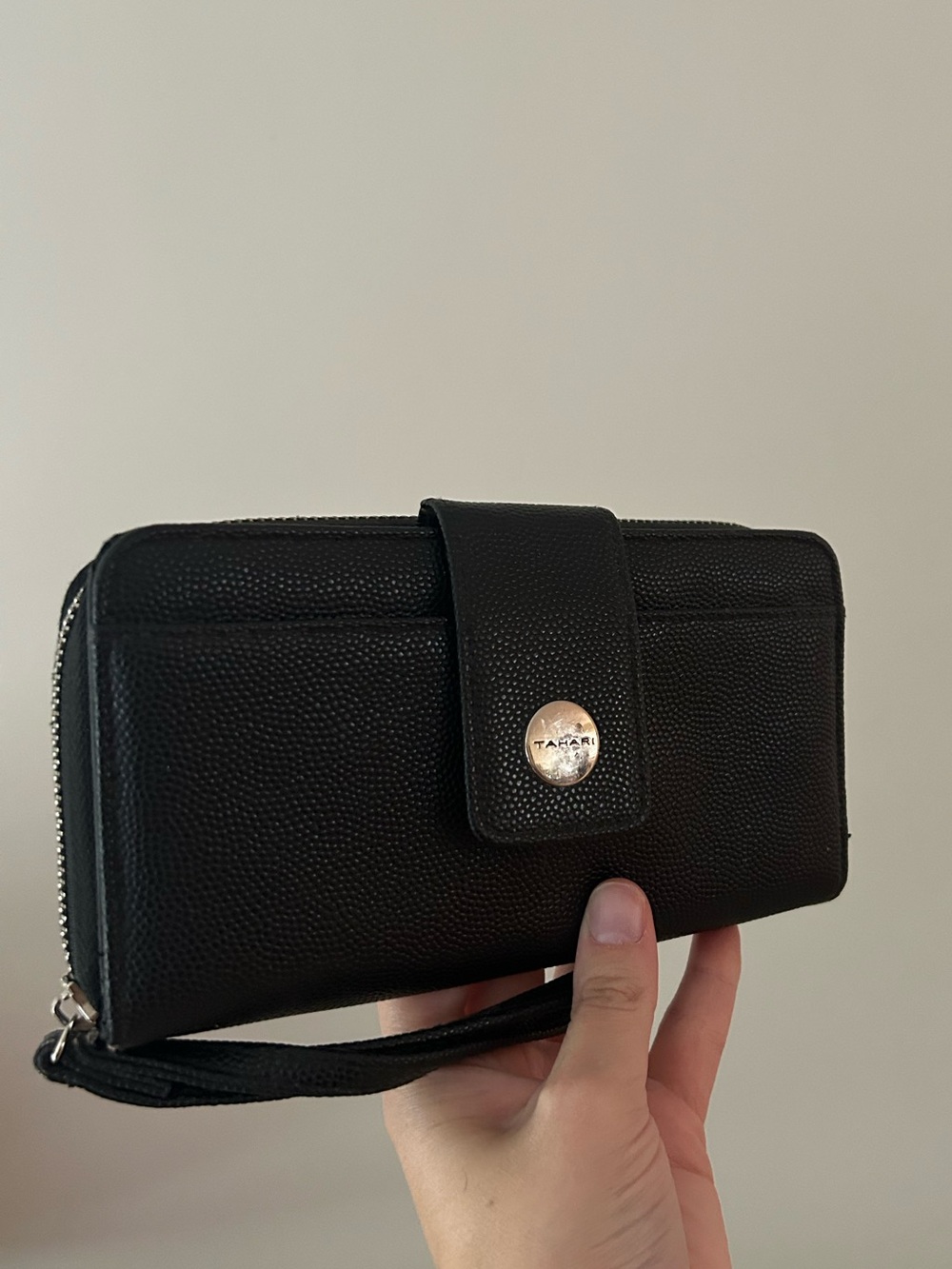 Tahari Black Pebbled Leather Wristlet Wallet with Snap Strap